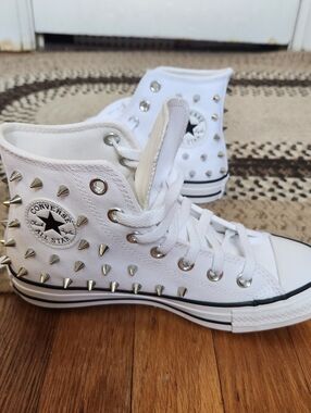 Converse White High Top Sneakers with Silver Studs
